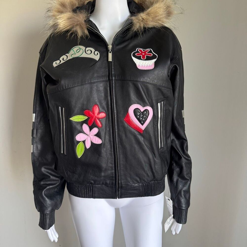 Barbie Custom Embroidered Glam Graphic Leather Jacket With Faux Fur Hood - Picture 2 of 13